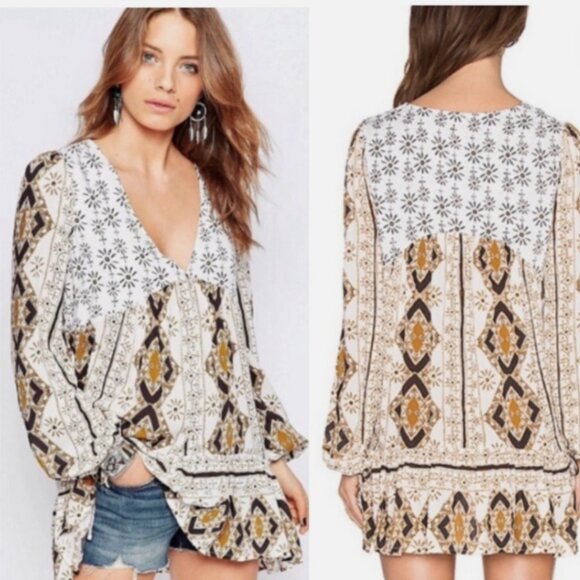 EUC Free People Bohemian Tunic in White and Brown- Sm - Picture 1 of 8